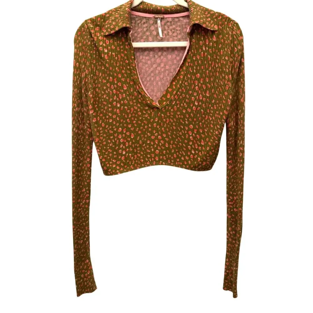 Free People Cherie‎ Moss Printed Cropped Knit Top